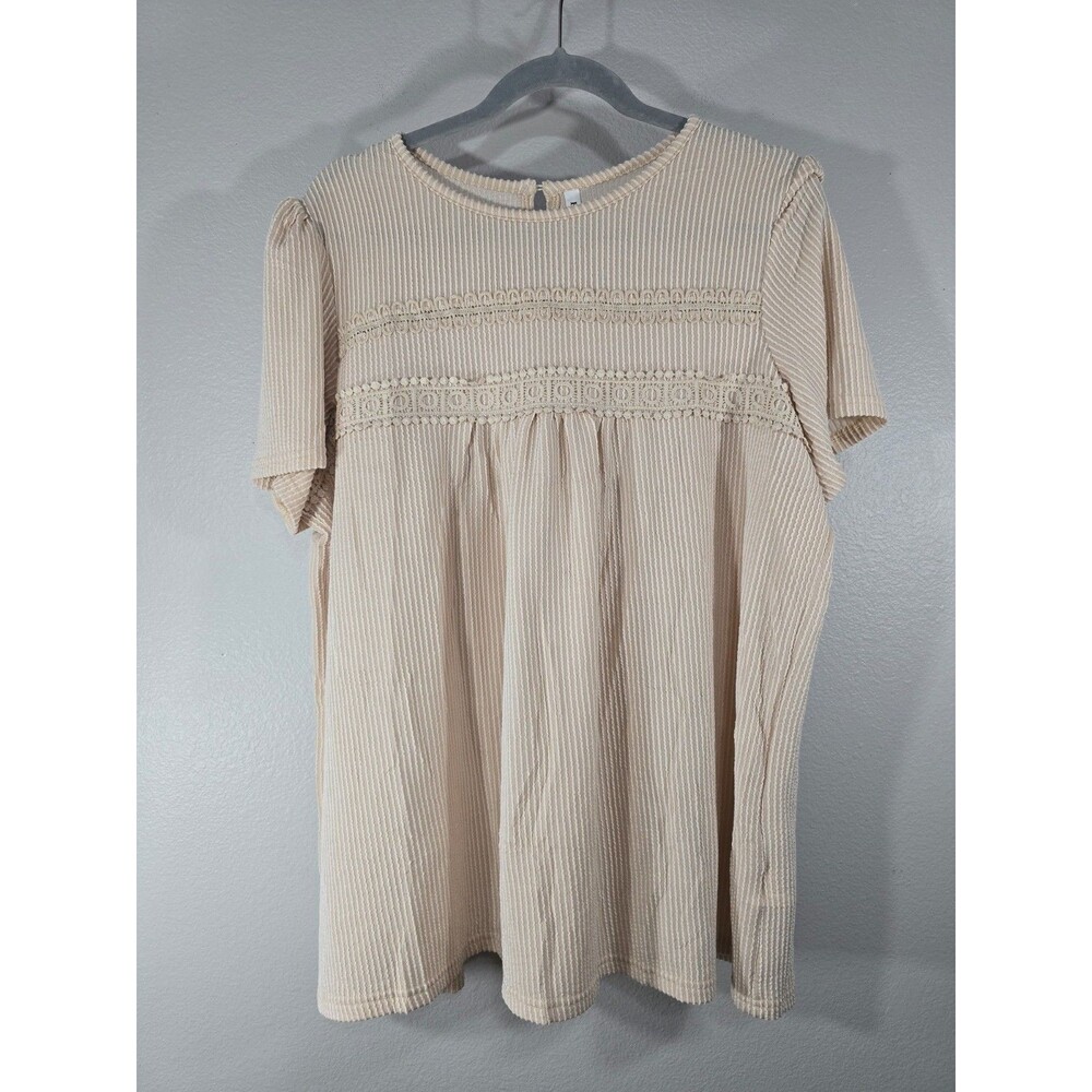 NWT Falechay Women 2x Beige ribbed Babydoll Blouse Lace Trim NWT peasant boho AF